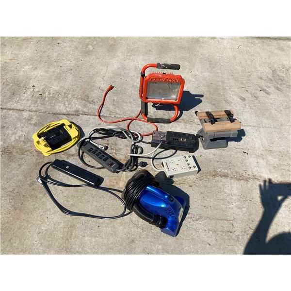 HOBBYCRAFTER VISE, SHOP LIGHT, EXTENSION CORDS, AND VACUUM