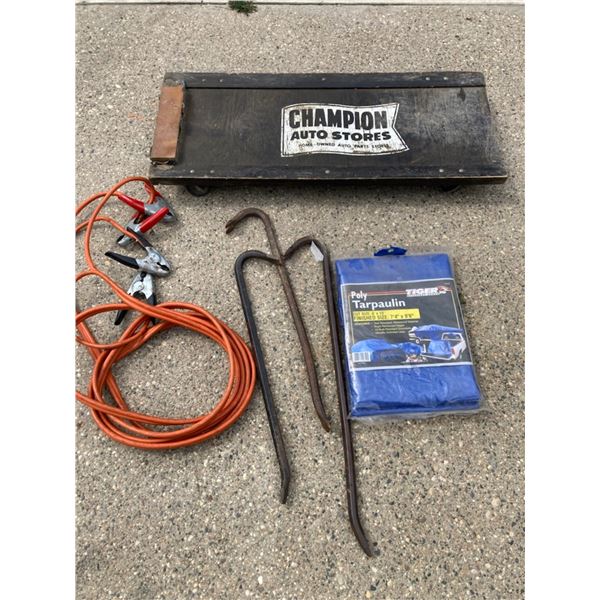 CREEPER, TARPAULIN, CROWBARS, AND JUMPER CABLES