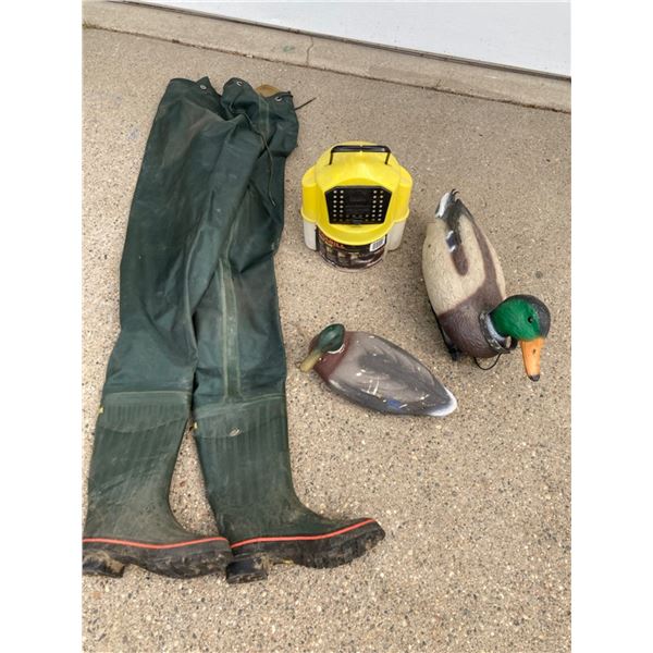 WADERS, BAIT BUCKET, AND DUCK DECOYS