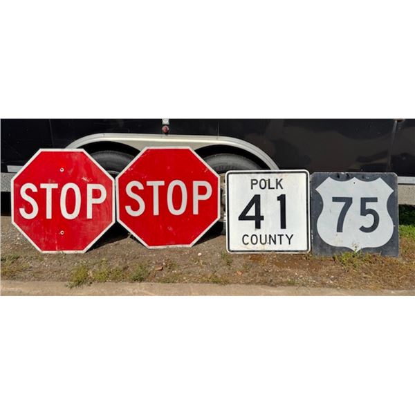 STOP SIGNS, COUNTY ROAD SIGN, US HIGHWAY SIGN; LOT OF 4 SIGNS