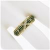 Image 6 : Vintage Solid 14K Yellow Gold Green Enamel Wide Band Ring & X Shape Pave Diamond