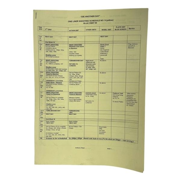 James Bond - Die Another Day (2002) - Shooting Schedule - Lot A