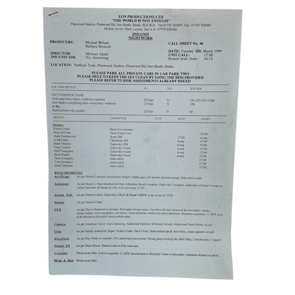 James Bond - The World is Not Enough (1999) - 2nd Unit Call Sheet