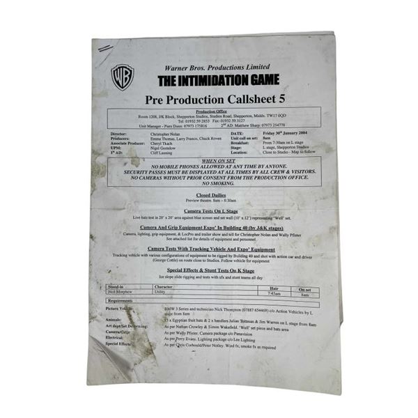 Batman Begins (2005) - Call Sheet