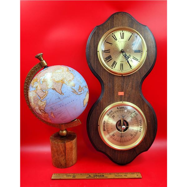 Bulova Clock/Barometer & Globe w/ Wooden Stand