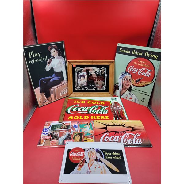Assorted Tin Coca-Cola Advertising Signs & Mirror