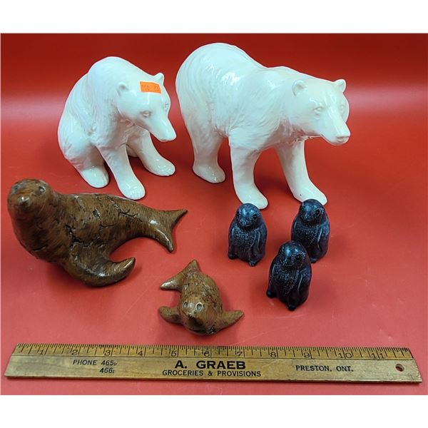 Animal Figurine Lot w/ Hand-Painted Canadian Maple Seals, Soapstone Birds, & Ceramic Bears