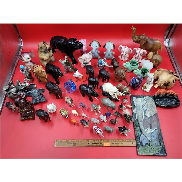 Large Elephant Figurine Lot w/ Ashtray, Wood, Ceramic, Glass, & More