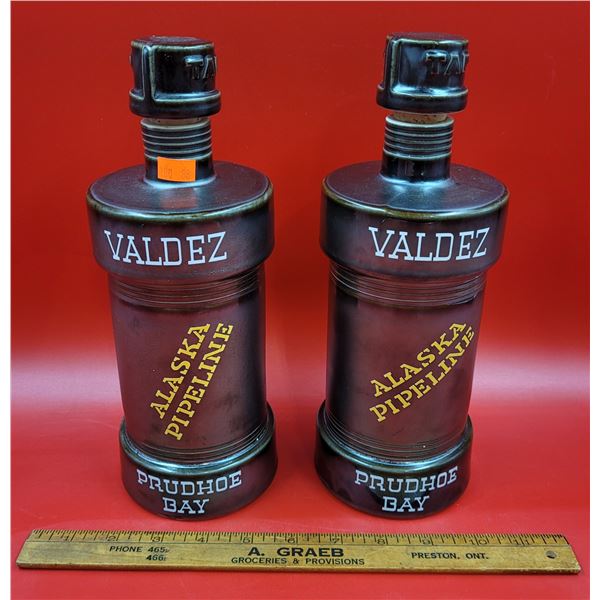 Pair Of Commemorative Trans Alaska Pipeline System Prudhoe Bay Liquor Decanters