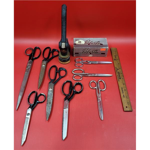 Lot Of VTG Scissors, Roberts Numbering Machine & Antique Mountain Air Supply Co. Sealer