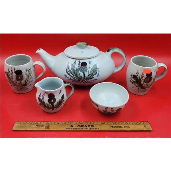 VTG Thistleware Pottery Teapot, Mugs, Creamer & Bowl