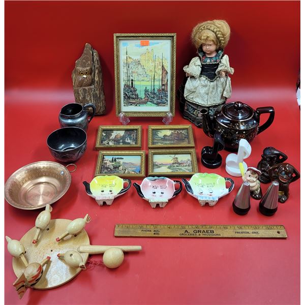 VTG Smalls Lot w/ Landscape Prints, Salt & Pepper Shakers, Pecking Chicken Folk Toy, & More