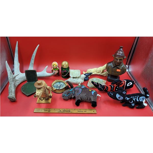 Figurine, Nesting Doll, & Plush Lot w/ Native Stuffed Animals, 2 Russian Nesting Dolls, & More