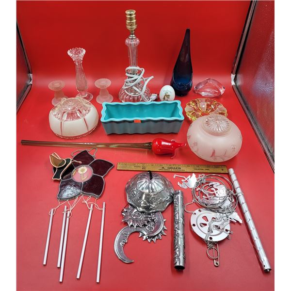 Windchime & Glass Lot w/ 3 Sets of Windchimes, Small Frosted Glass Shades, & More