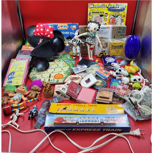 Assorted Toy & Activity Lot w/ Magnetic Books, Troll Dolls, Wind-Up Train, DIY House, & More