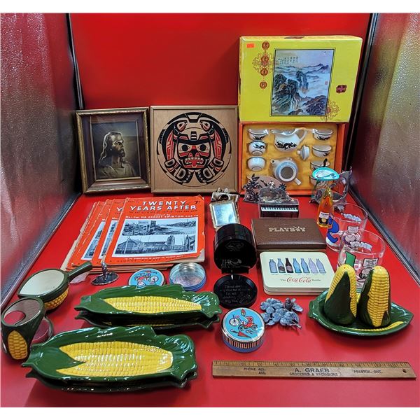 VTG Collectibles Lot w/ Corn Dishes, Asian Tea Set, Coca-Cola Tin, & More