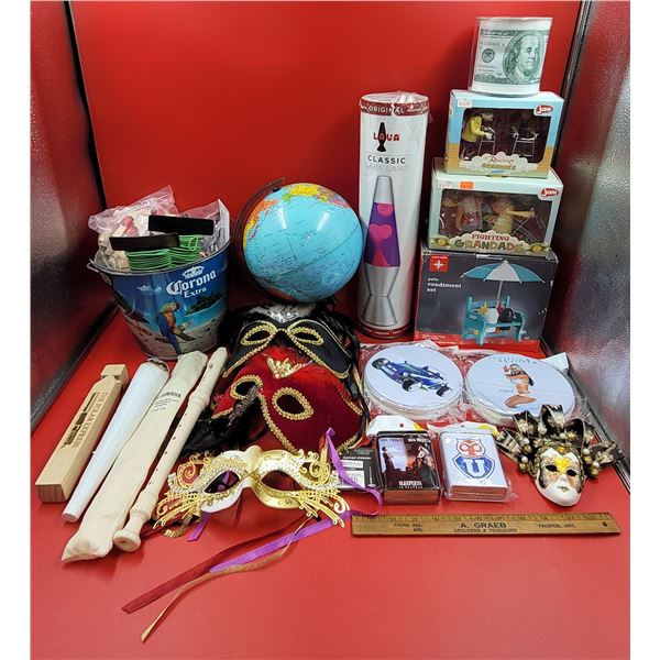 Miscellaneous Lot w/ Wind-Up Toys, Masquerade Masks, Lava Lamp, & More