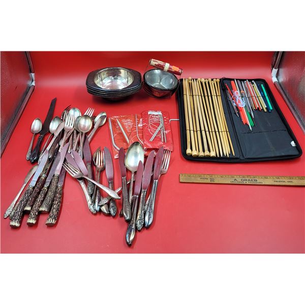 VTG Miscellaneous Lot w/ Assorted Cutlery, Knitting Needles, Crochet Needles, & More