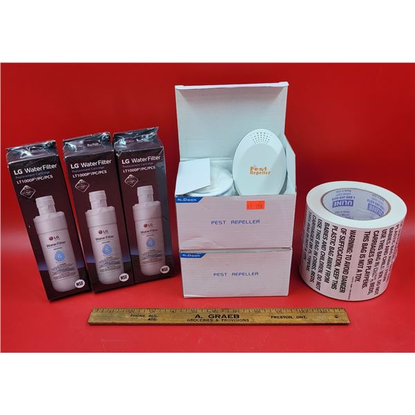 Miscellaneous Lot w/ LG Water Filters, Pest Repellers, & Danger of Suffocation Stickers