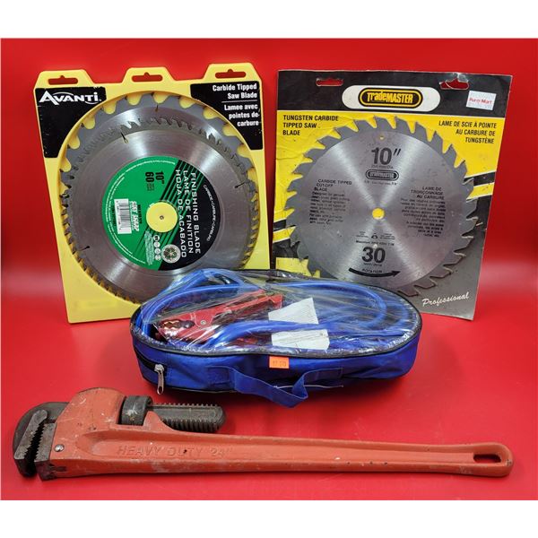 Saw Blades, Jumper Cables, & Heavy-Duty Pipe Wrench