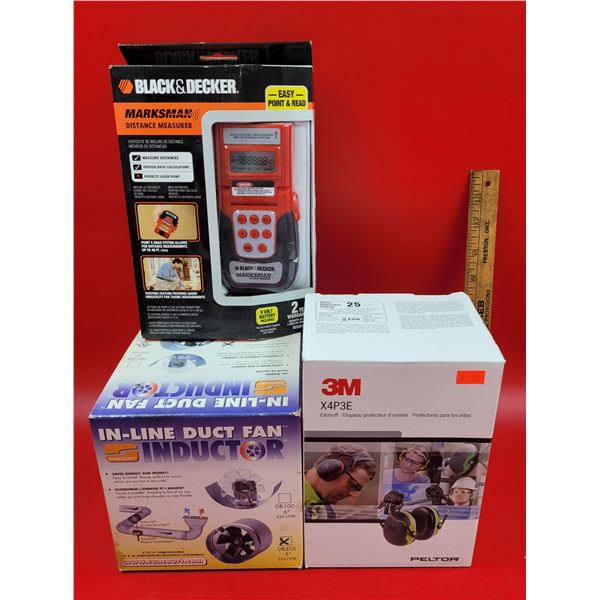 Black & Decker Marksman Distance Measurer, Suncourt In-Line Duct Fan, & 3M Earmuffs