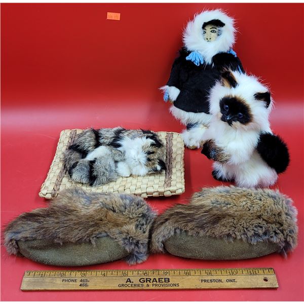Inuit Doll, Fur Moccasins & Two Fur Cats