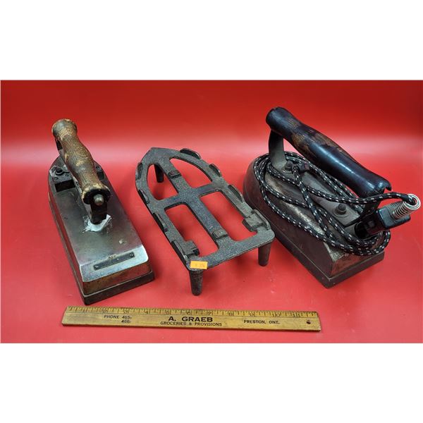Two Antique Sad Irons & Cast Iron Trivet
