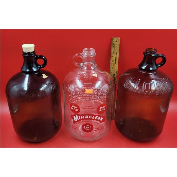 Three VTG Glass Jugs Including Clorox & Miraclean