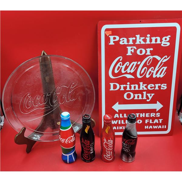 Coca-Cola Parking Sign, Glass Plate & Tin Bottles