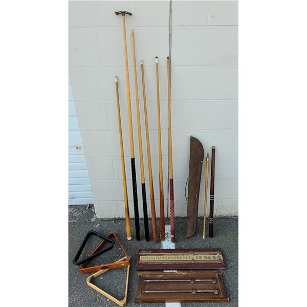 Pool Cues, Cue Case, Pool Racks & Wooden Score Keepers