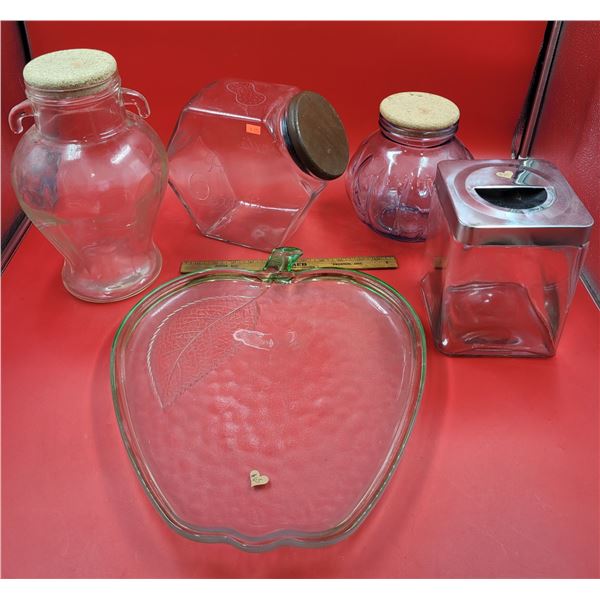 Lot Of Assorted Glass Jars & Glass Apple Plate