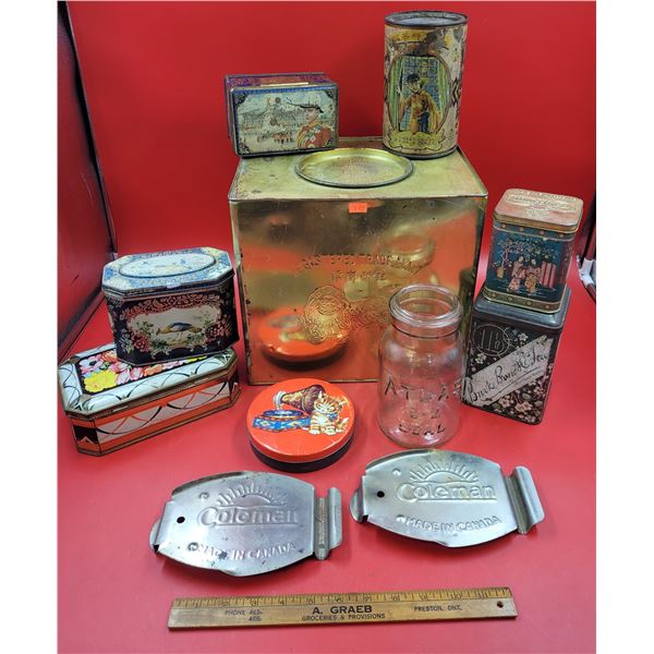 Brass Box, Assorted Tins & Coleman Iron Trivets