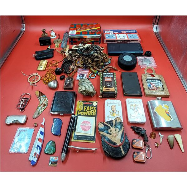 Lot Of VTG Assorted Collectibles Including Flask, Tin & Lighter