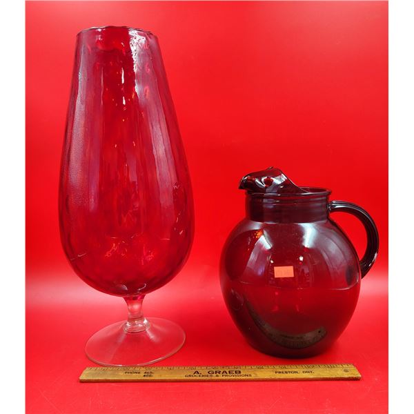 VTG Red Glass Pitcher & Vase