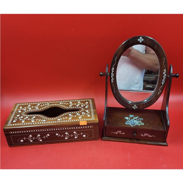 VTG Wooden Napkin Holder & Vanity Mirror