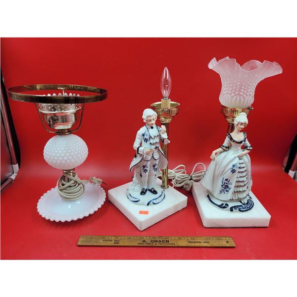 Two Porcelain Figurine Lamps On Alabaster Bases & Milk Glass Lamp