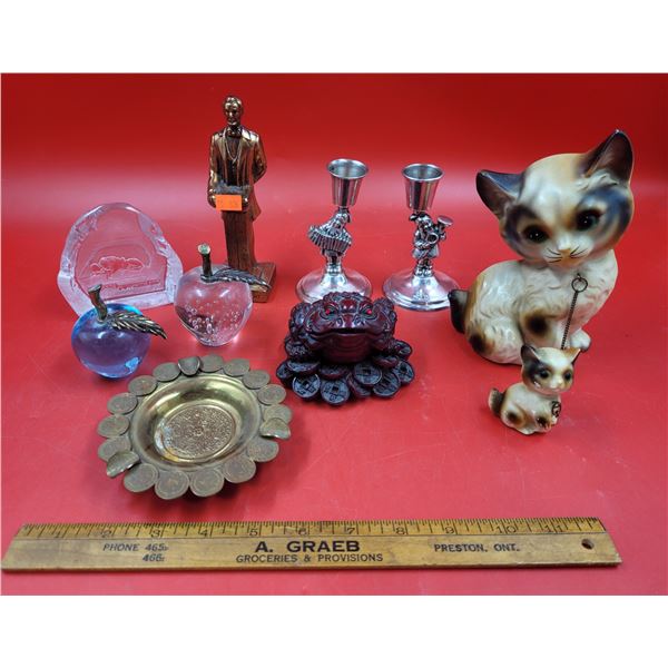 Assorted VTG Collectibles Including Coin Ashtray, Candle Holders & Paperweight