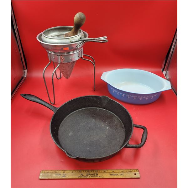 VTG Lagostina Cast Iron Skillet, Pyrex Dish & Wear Ever Aluminum Strainer