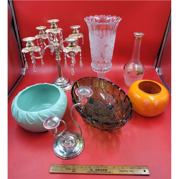 Lot Of VTG Glassware Bowls & Candle Stick Holders