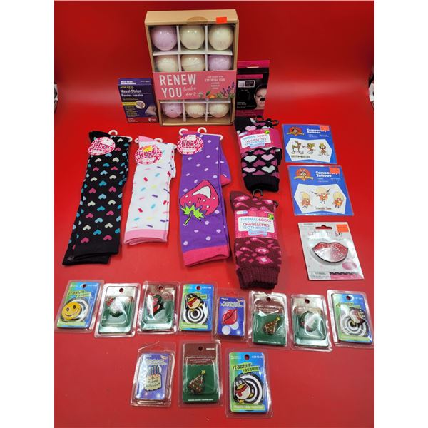 Magnet Badges, Socks, Looney Tunes Temporary Tattoos, Nasal Strips, Bath Bombs