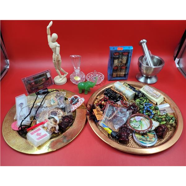 Brass Trays, Costume Jewelry, Mortar & Pestle & Misc. Collectibles Lot