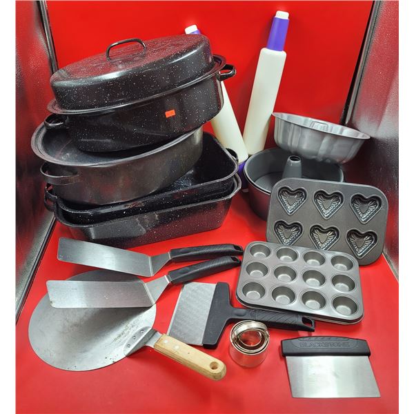 Enamelware, Baking Pans, Molds, Utensils & Kitchen Lot