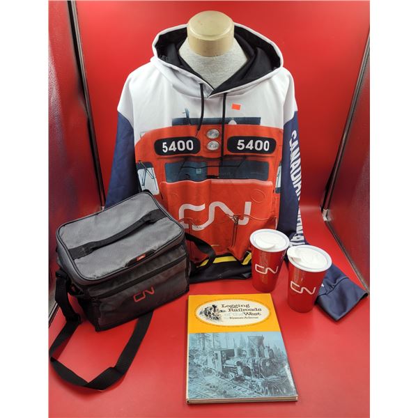 Lot Of CN Railway Collectibles Including Sweater, Coffee Cups, Lunch Bag & Kramer Adams Book