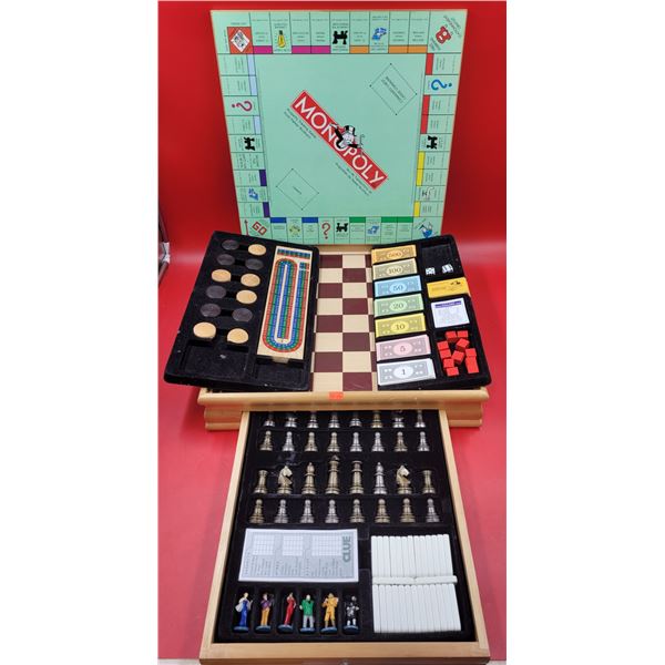 Complete Wooden Multi-Game Board Game Set Including, Monopoly, Clue, Chess & Crib