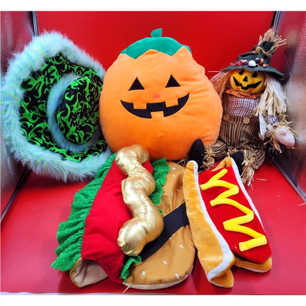 Halloween Pumpkin Plush, Scarecrow, Green Hat & Pet Hot Dog Costume