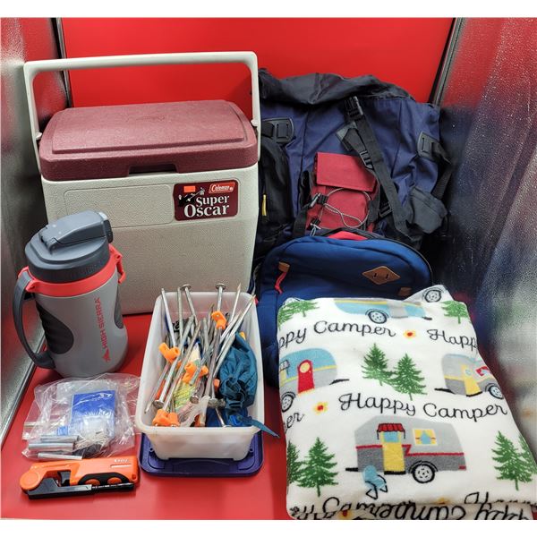 Camping & Outdoors Lot Including Backpack, Thermos & Coleman Cooler