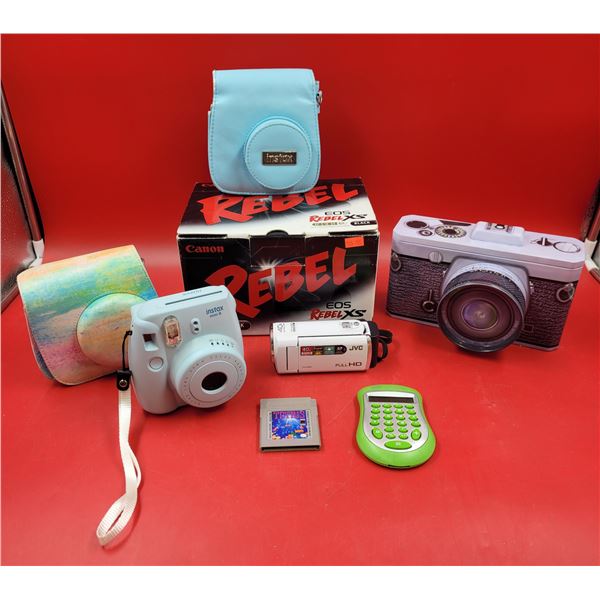 Camera Lot Including Tin Camera Storage Container & Tetris Gameboy Game
