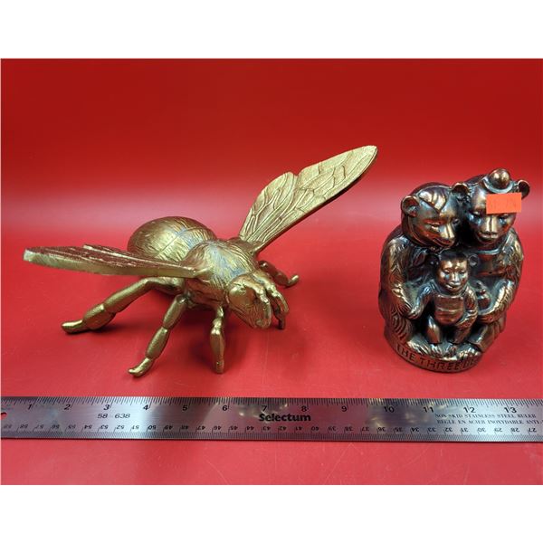 Brass Bumble Bee & Metal Bear Family Sculptures