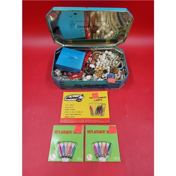 VTG Replacement Bulbs & Costume Jewlery In Lion's Gate Bridge Tin