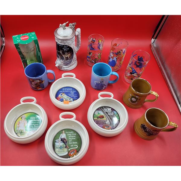 Assorted Dishes w/ Disney McDonald's Glasses, J.R. Watkins Soup Bowls, Wolf Stein, & More